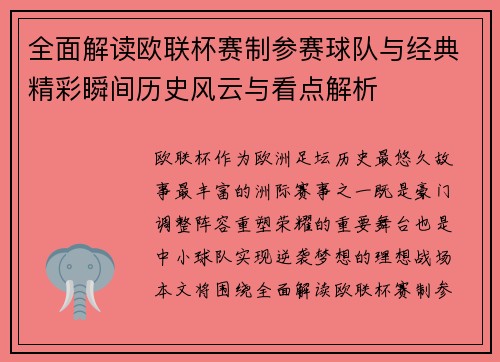 全面解读欧联杯赛制参赛球队与经典精彩瞬间历史风云与看点解析