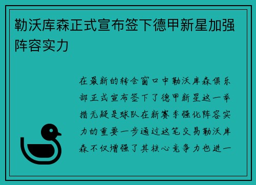 勒沃库森正式宣布签下德甲新星加强阵容实力 勒沃库森正式宣布签下德甲新星加强阵容实力